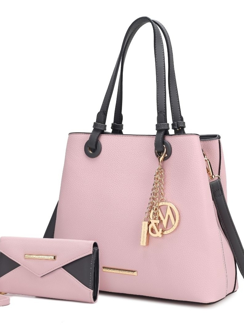 MK-Inspired Pink Pebbled Tote with Black Trim and Matching Wallet